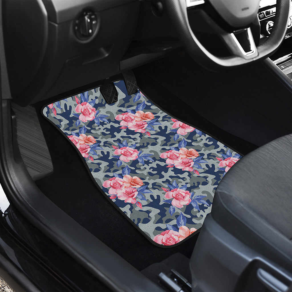 Pink Rose Flower Camouflage Print Front and Back Car Floor Mats