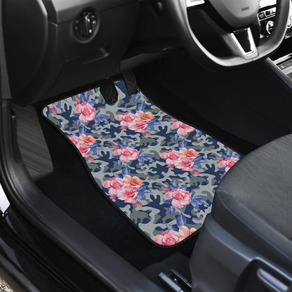 Pink Rose Flower Camouflage Print Front and Back Car Floor Mats