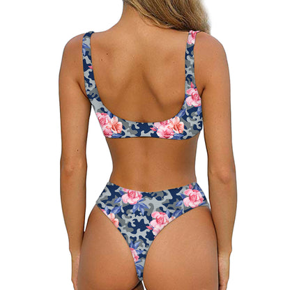 Pink Rose Flower Camouflage Print Front Bow Tie Bikini