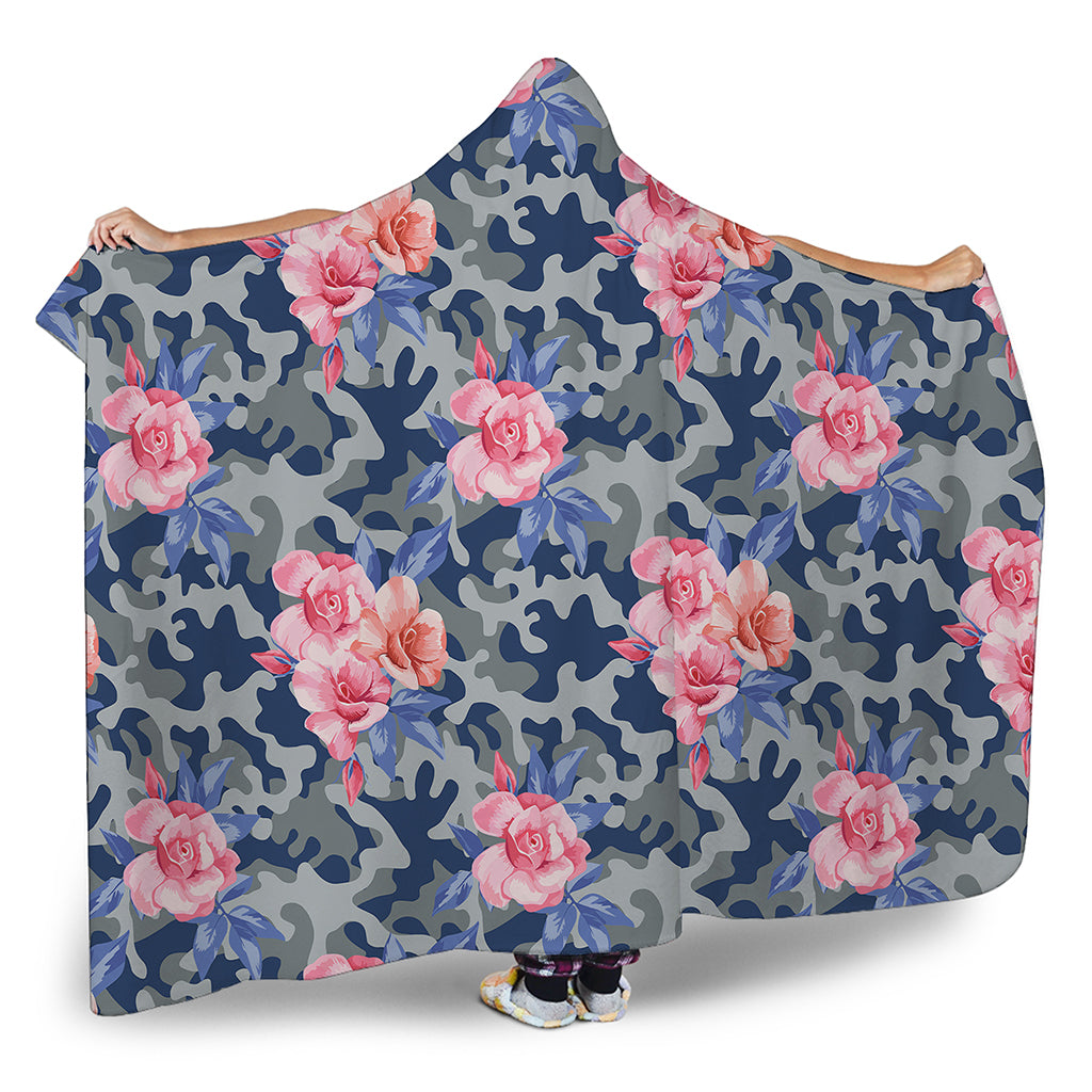 Pink Rose Flower Camouflage Print Hooded Blanket