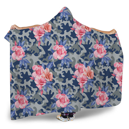 Pink Rose Flower Camouflage Print Hooded Blanket