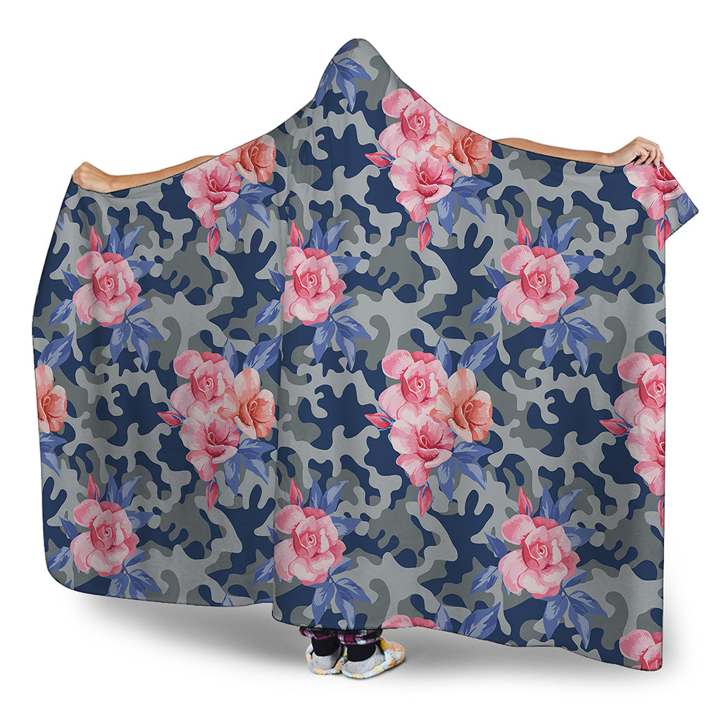Pink Rose Flower Camouflage Print Hooded Blanket