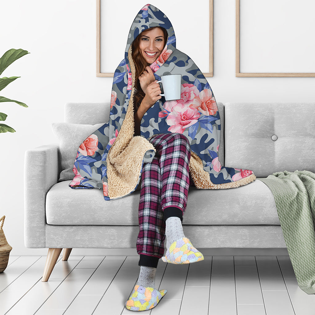 Pink Rose Flower Camouflage Print Hooded Blanket