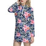 Pink Rose Flower Camouflage Print Hoodie Dress