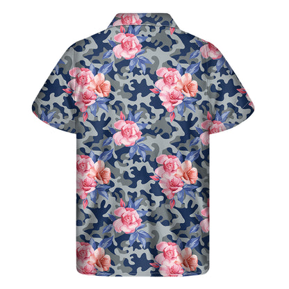 Pink Rose Flower Camouflage Print Men's Short Sleeve Shirt
