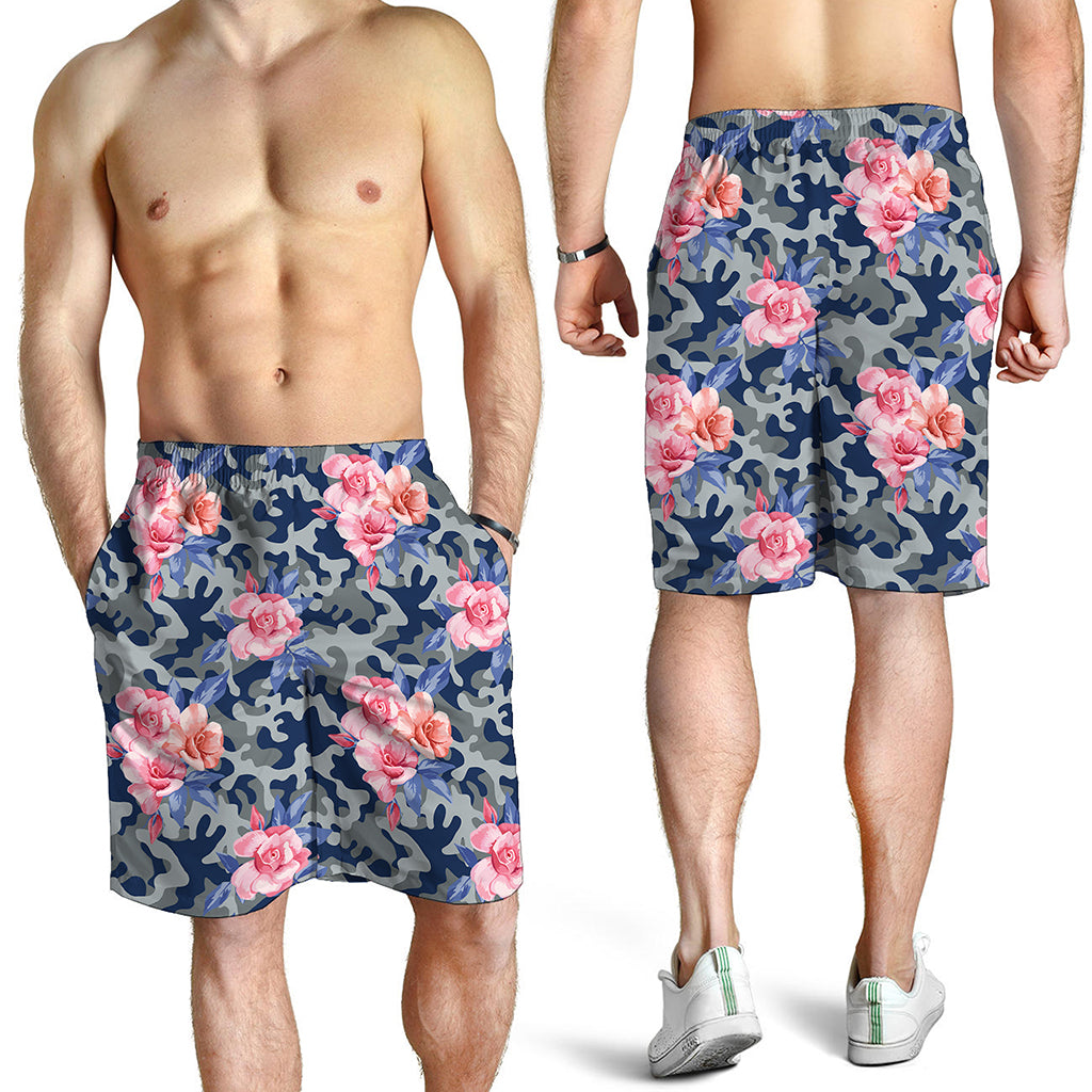 Pink Rose Flower Camouflage Print Men's Shorts