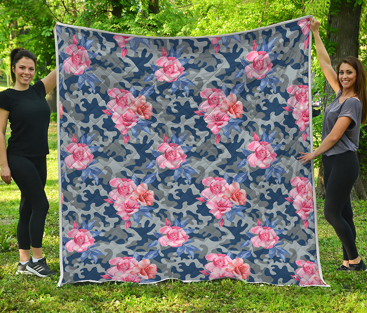 Pink Rose Flower Camouflage Print Quilt