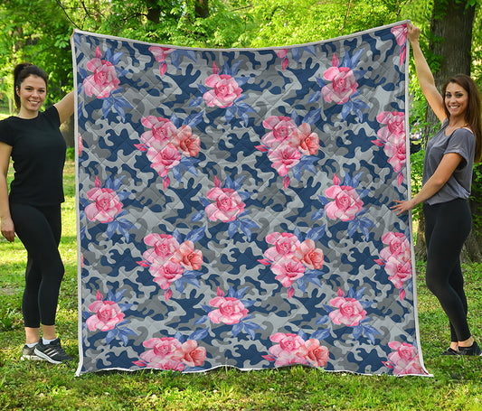 Pink Rose Flower Camouflage Print Quilt
