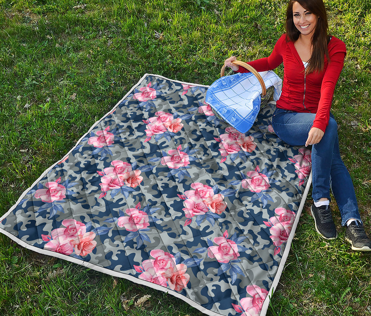 Pink Rose Flower Camouflage Print Quilt