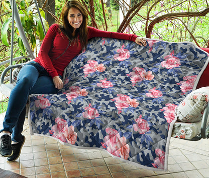 Pink Rose Flower Camouflage Print Quilt