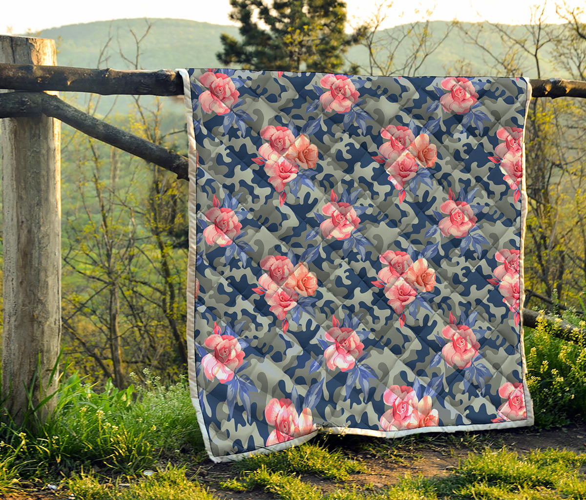 Pink Rose Flower Camouflage Print Quilt