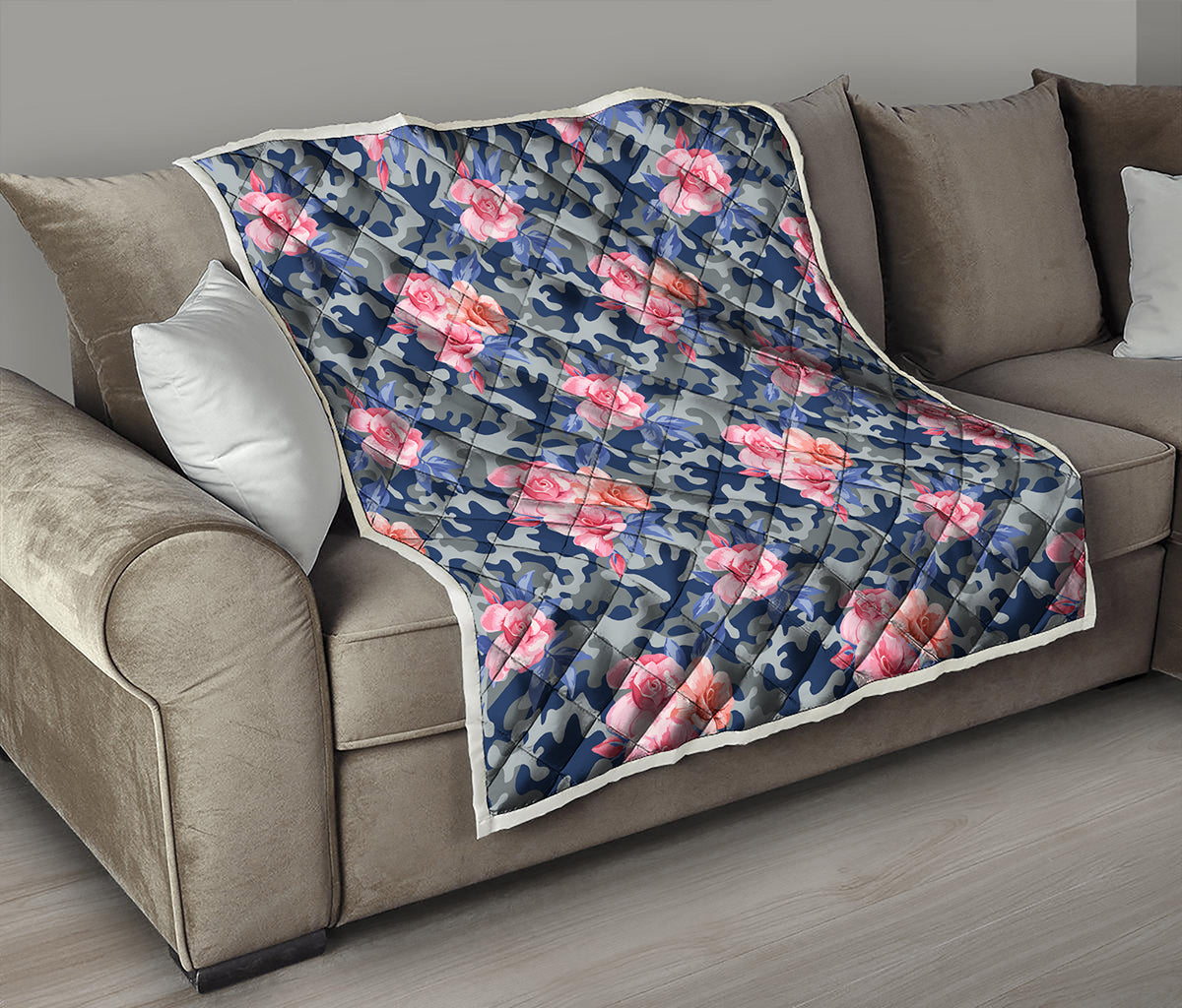 Pink Rose Flower Camouflage Print Quilt