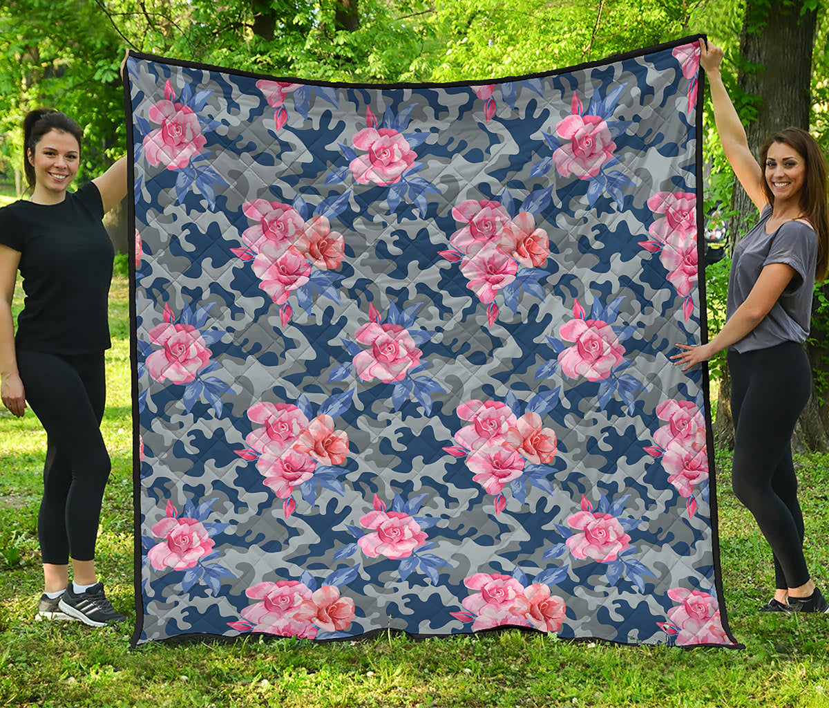 Pink Rose Flower Camouflage Print Quilt