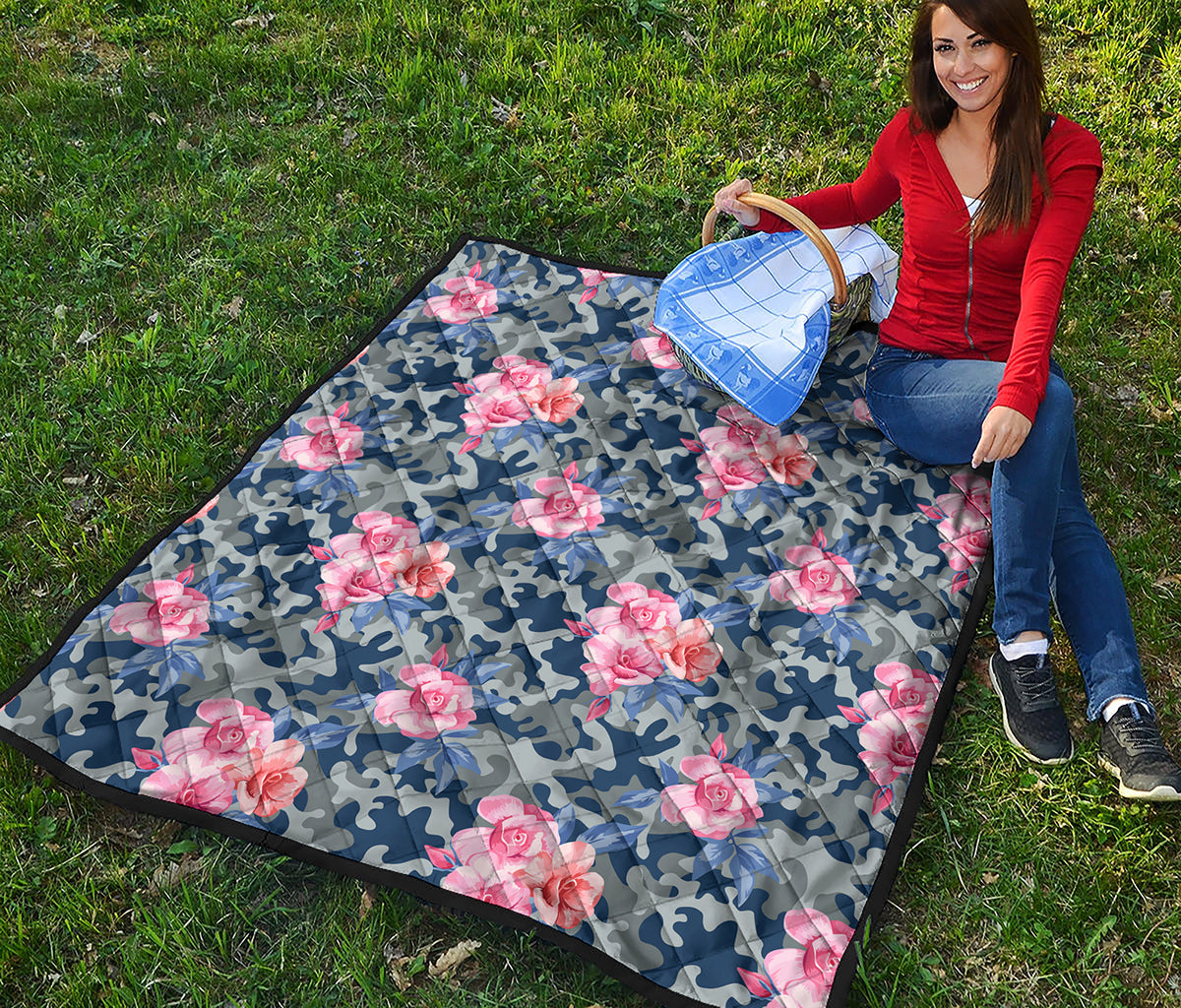 Pink Rose Flower Camouflage Print Quilt