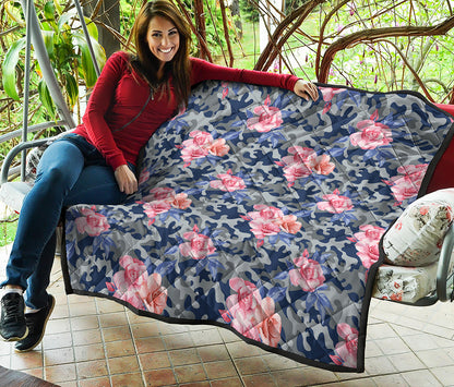 Pink Rose Flower Camouflage Print Quilt