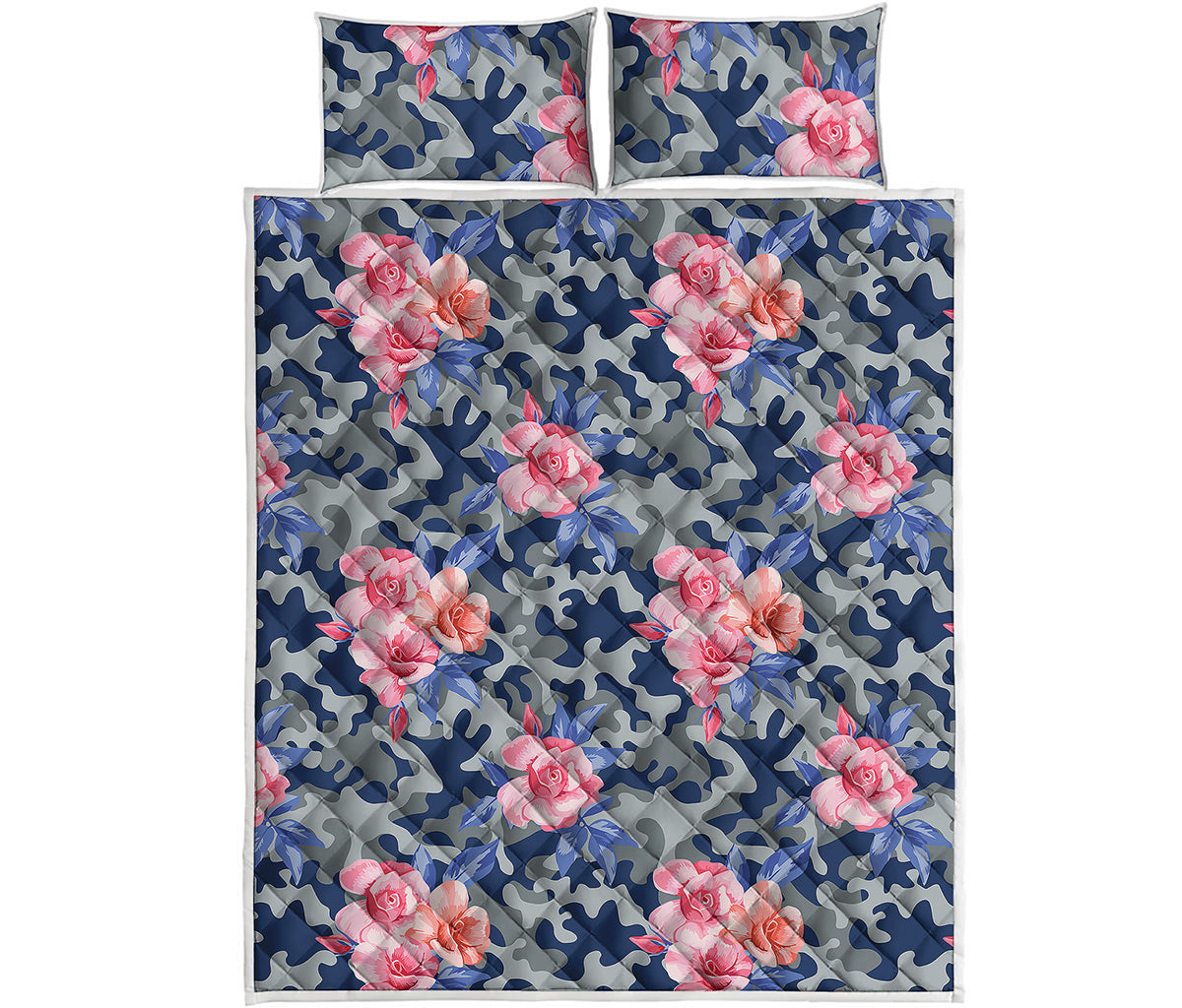 Pink Rose Flower Camouflage Print Quilt Bed Set