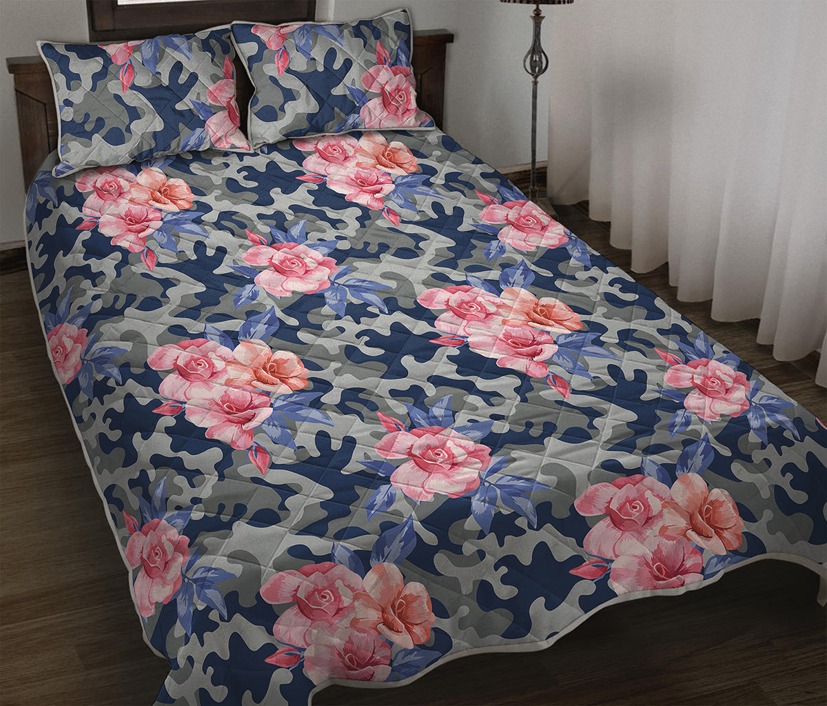 Pink Rose Flower Camouflage Print Quilt Bed Set