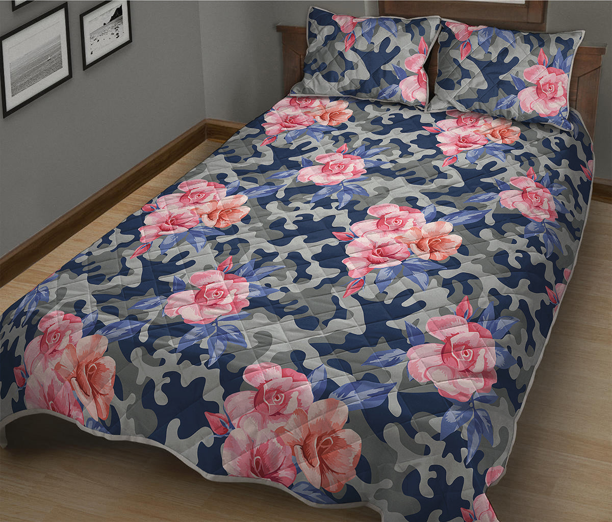 Pink Rose Flower Camouflage Print Quilt Bed Set