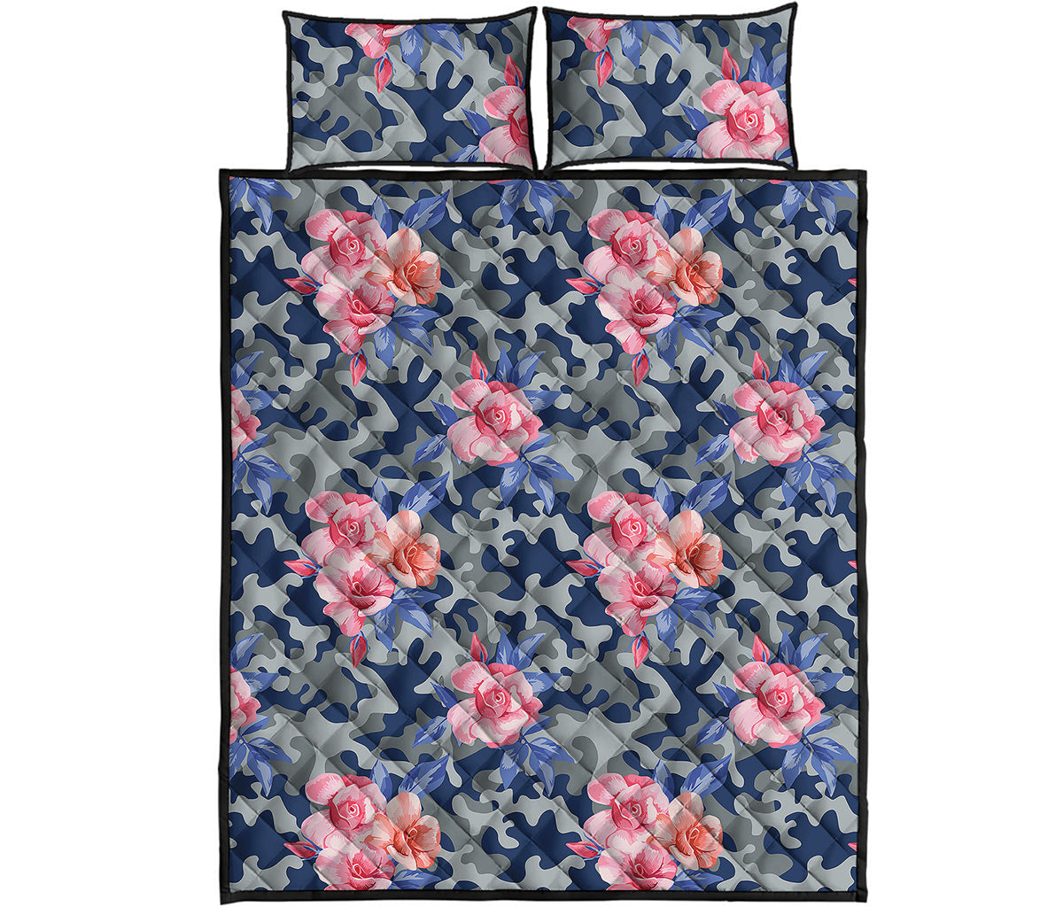 Pink Rose Flower Camouflage Print Quilt Bed Set