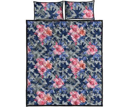 Pink Rose Flower Camouflage Print Quilt Bed Set