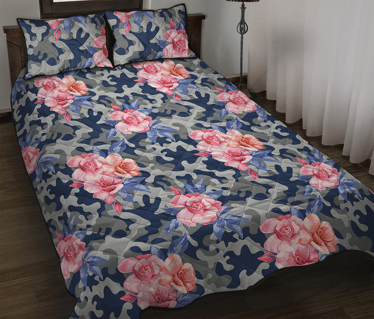 Pink Rose Flower Camouflage Print Quilt Bed Set