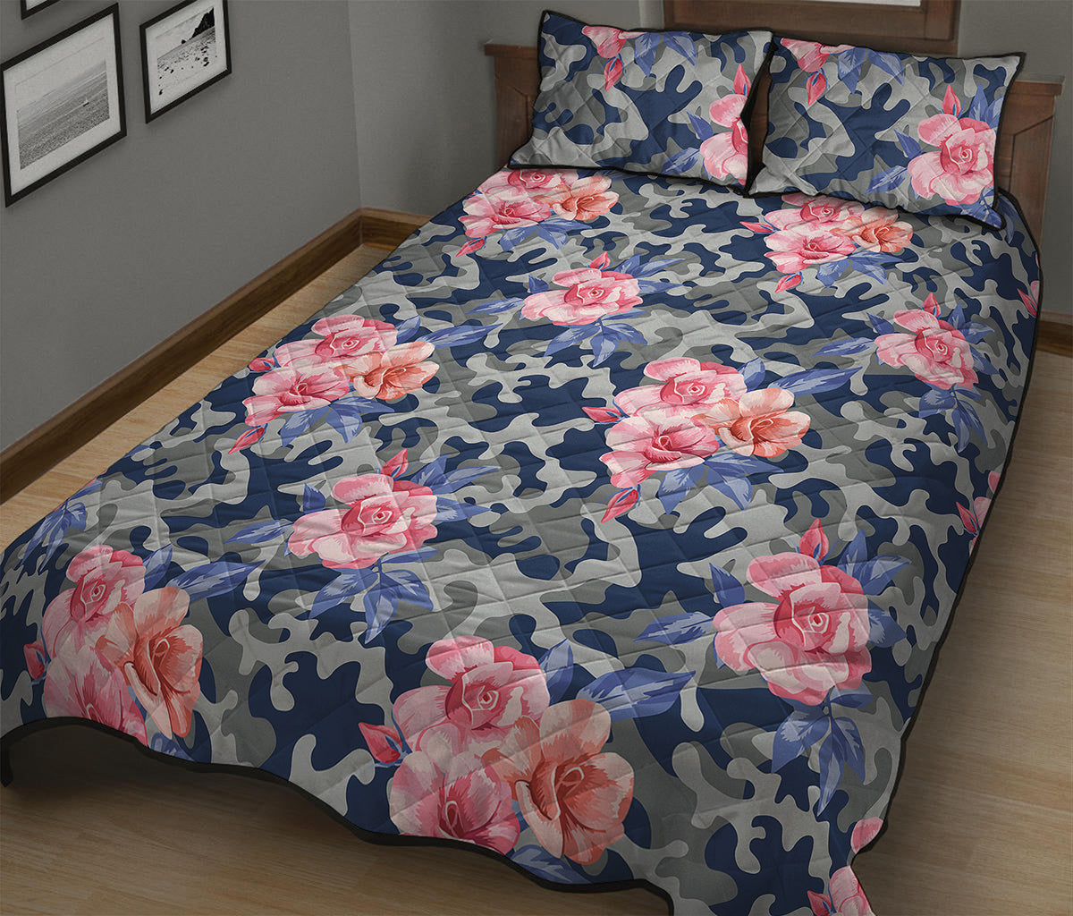 Pink Rose Flower Camouflage Print Quilt Bed Set