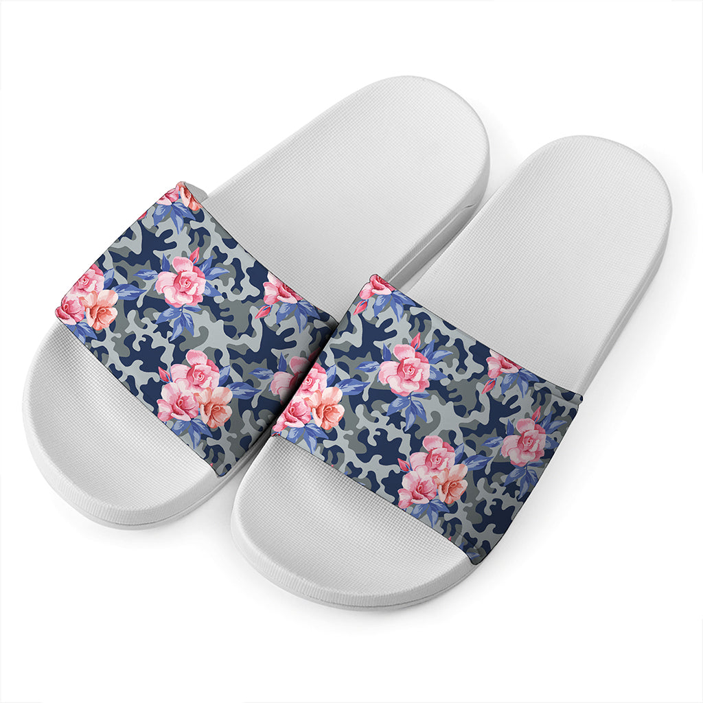 Pink Rose Flower Camouflage Print White Slide Sandals