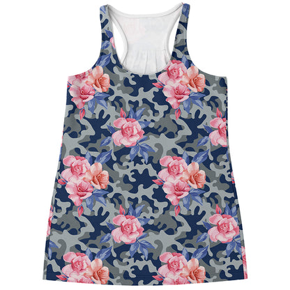 Pink Rose Flower Camouflage Print Women's Racerback Tank Top