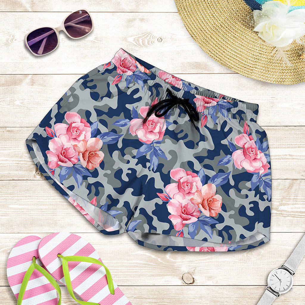 Pink Rose Flower Camouflage Print Women's Shorts