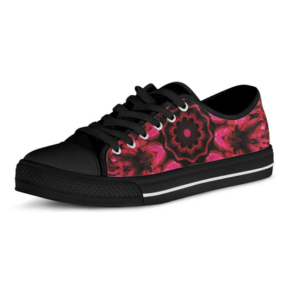 Pink Rose Kaleidoscope Print Black Low Top Shoes