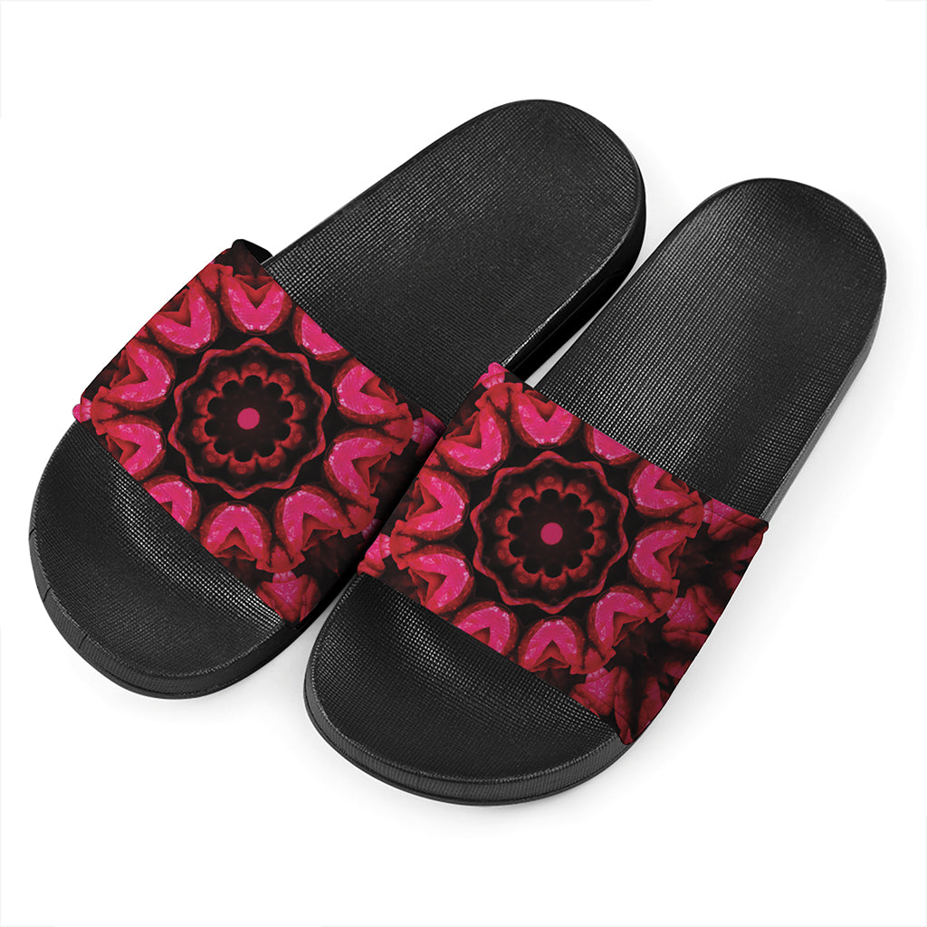 Pink Rose Kaleidoscope Print Black Slide Sandals
