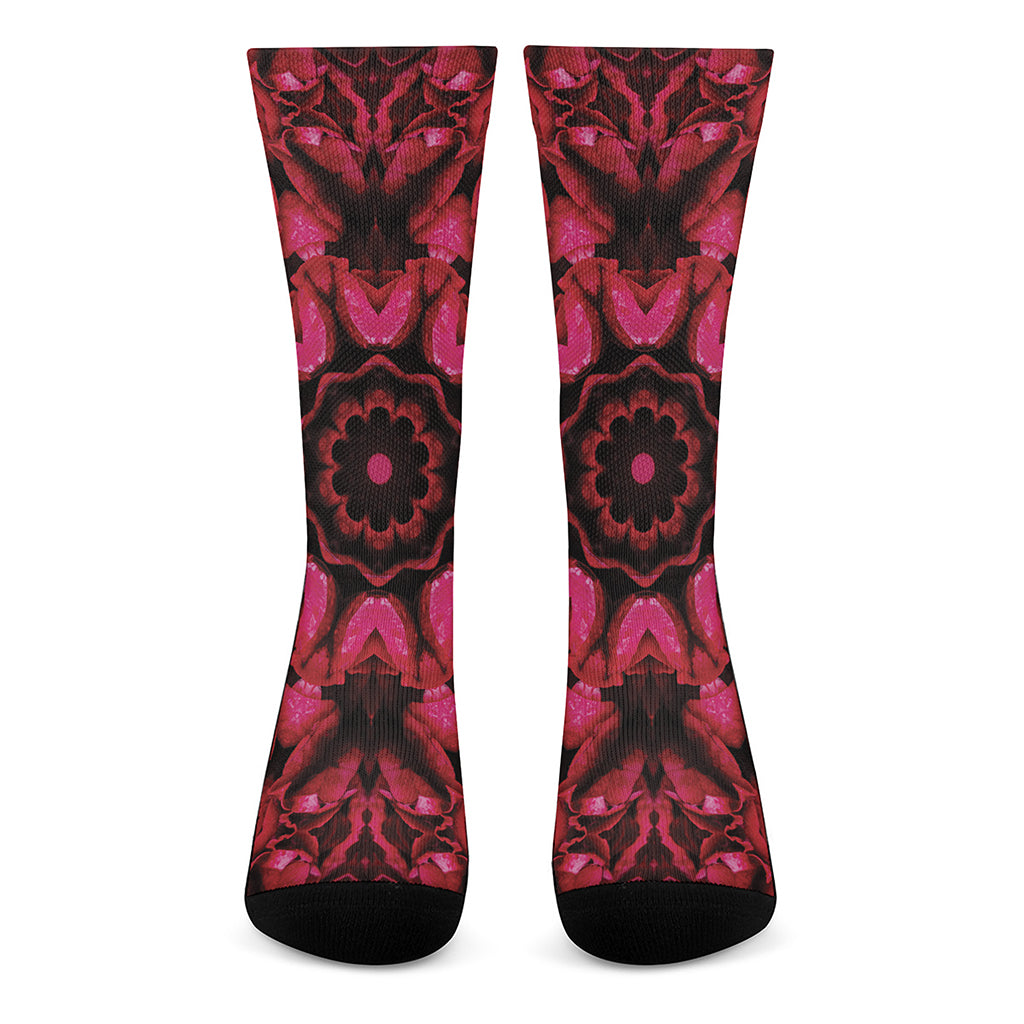 Pink Rose Kaleidoscope Print Crew Socks