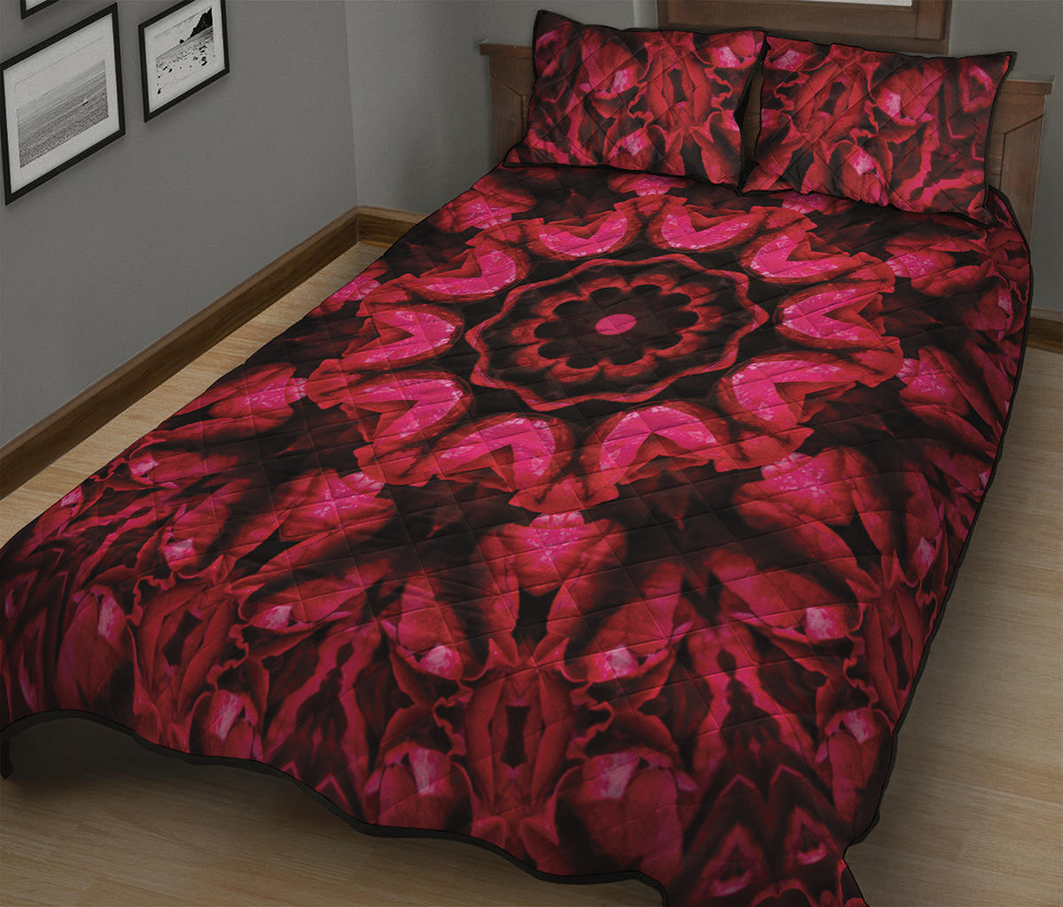 Pink Rose Kaleidoscope Print Quilt Bed Set