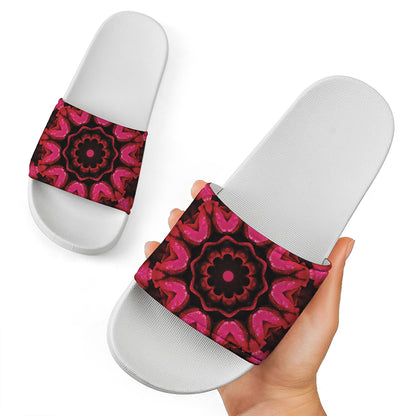 Pink Rose Kaleidoscope Print White Slide Sandals