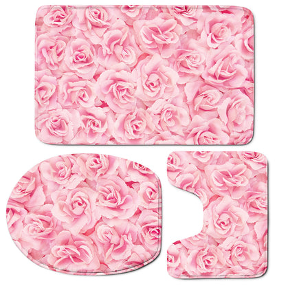 Pink Rose Print 3 Piece Bath Mat Set