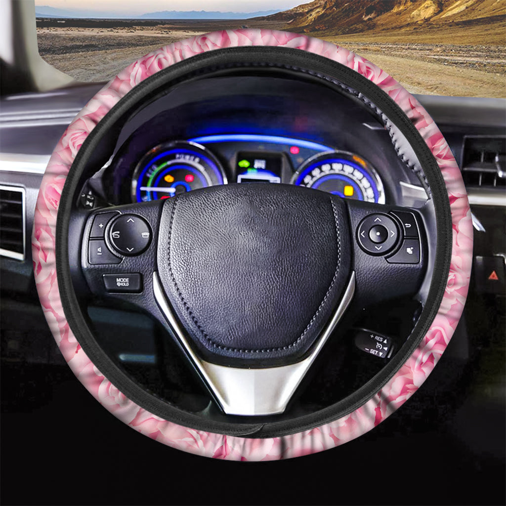 Pink Rose Print Car Steering Wheel Cover
