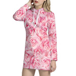 Pink Rose Print Hoodie Dress