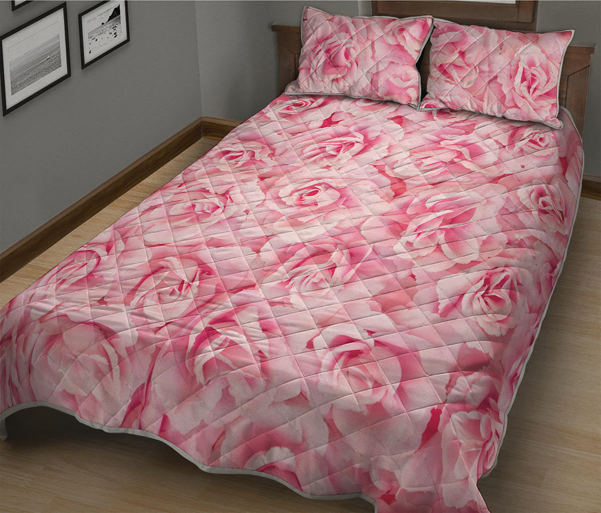 Pink Rose Print Quilt Bed Set