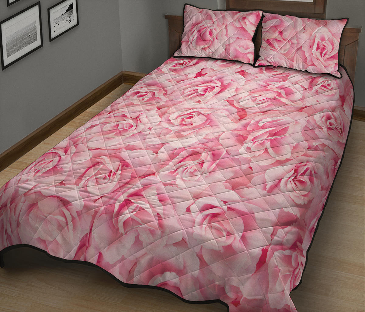 Pink Rose Print Quilt Bed Set