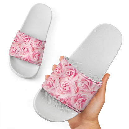 Pink Rose Print White Slide Sandals