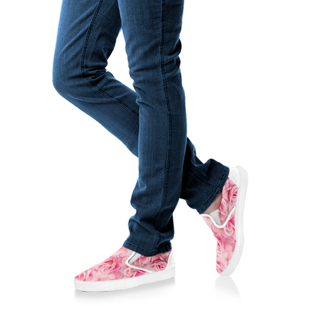 Pink Rose Print White Slip On Shoes