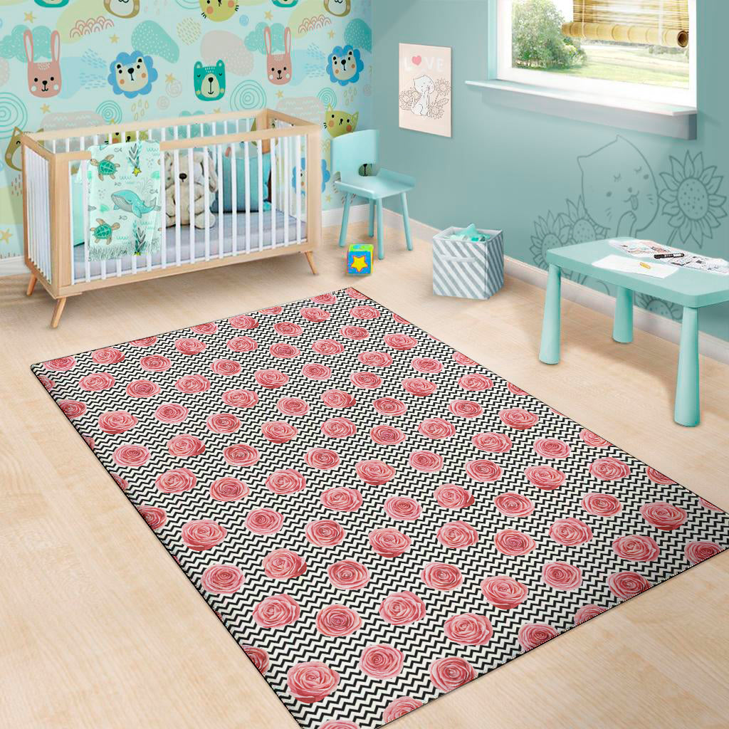 Pink Rose Zigzag Pattern Print Area Rug