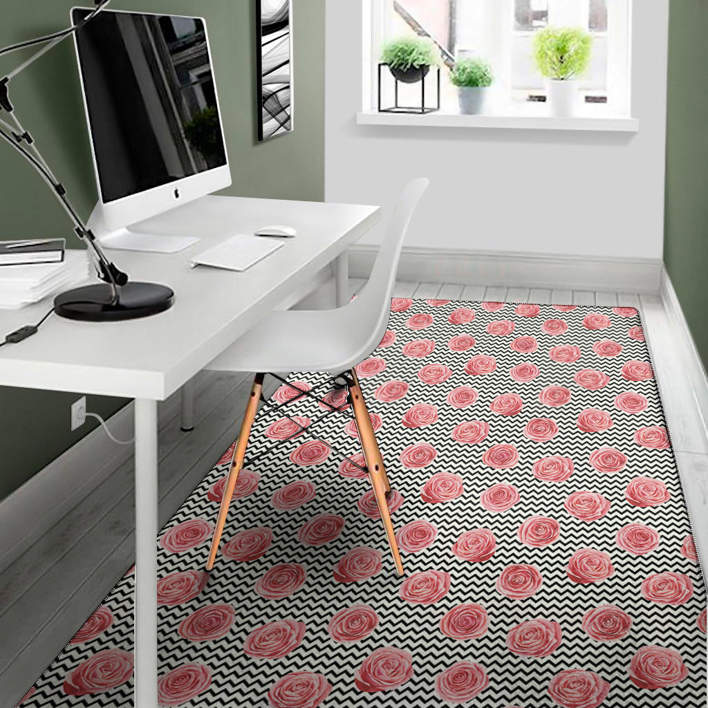 Pink Rose Zigzag Pattern Print Area Rug