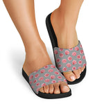 Pink Rose Zigzag Pattern Print Black Slide Sandals