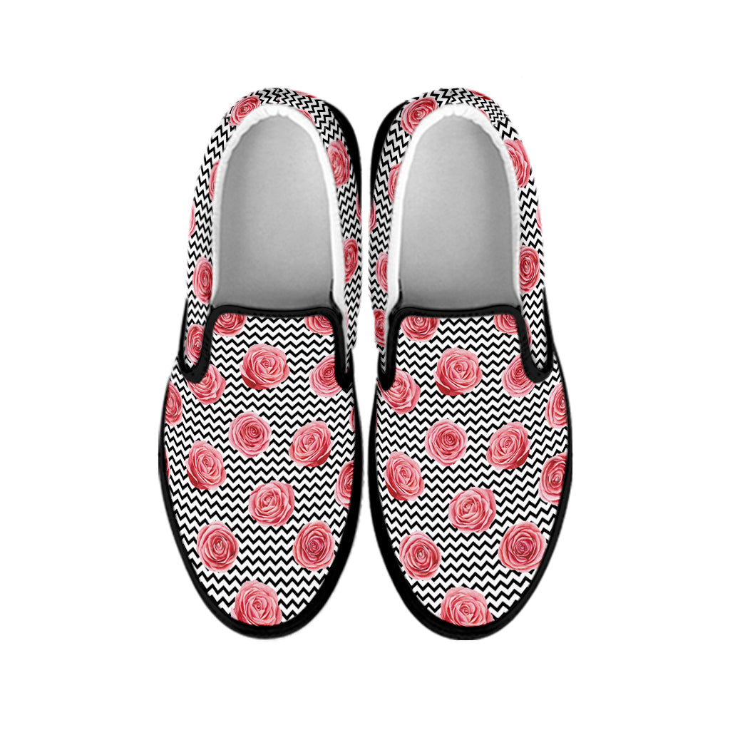 Pink Rose Zigzag Pattern Print Black Slip On Shoes