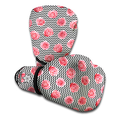 Pink Rose Zigzag Pattern Print Boxing Gloves