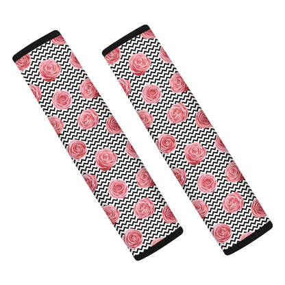 Pink Rose Zigzag Pattern Print Car Seat Belt Covers