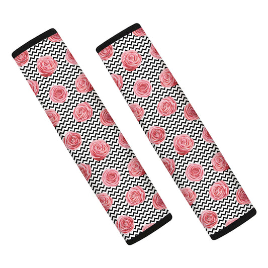 Pink Rose Zigzag Pattern Print Car Seat Belt Covers