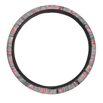 Pink Rose Zigzag Pattern Print Car Steering Wheel Cover