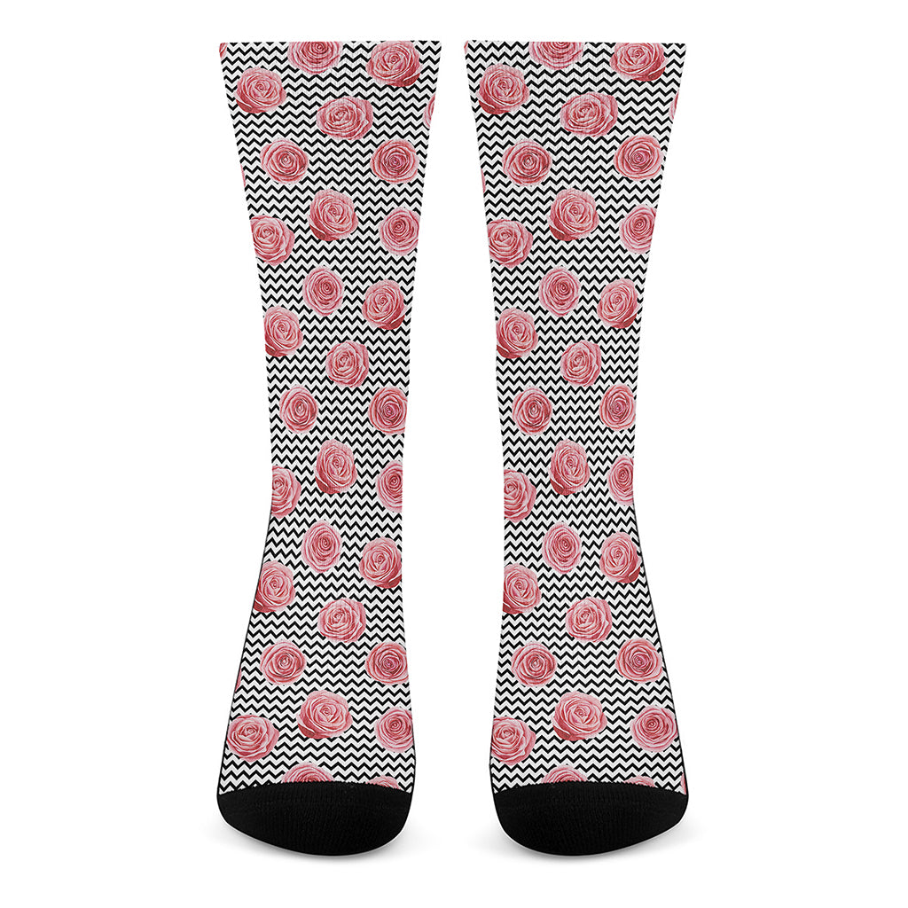 Pink Rose Zigzag Pattern Print Crew Socks